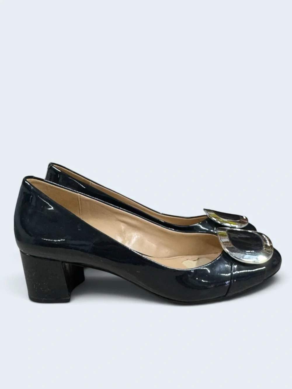 Michael Kors Black Patent Block Heel Pumps with Silver Buckle Size 7.5